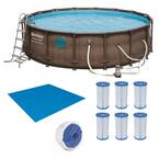 16 ft. Round 48 in. x 42 in. D Brown Hard Sided Metal Frame Steel Swim Vista Pool Set with Accessories, 6 filters, Light