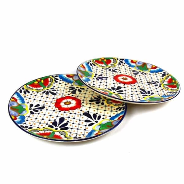Global Crafts Mexican Dots and Flowers Pottery Set of Large Dinner Plates