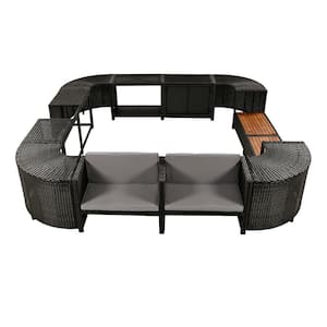 Black Wicker Quadrilateral Surround Spa Frame Outdoor Sectional Set with Wooden Seats Gray Cushions and Storage Spaces