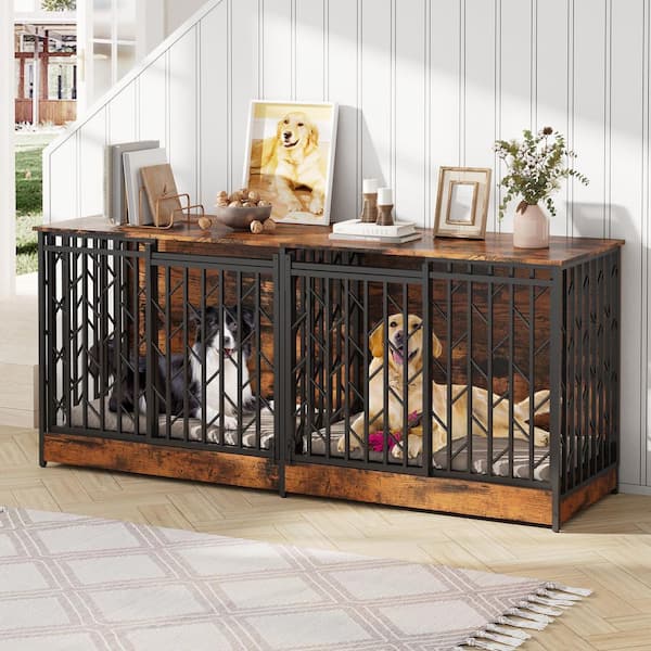 79 in. Rustic Brown Double Dog Crate with Metal Frame, Divider Kennel Table for Medium to Large Dogs, 100 lbs. Capacity
