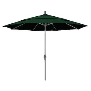 11 ft. Hammertone Grey Aluminum Market Patio Umbrella with Crank Lift in Hunter Green Olefin