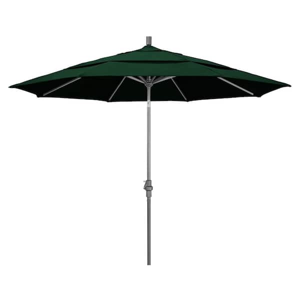 California Umbrella 11 ft. Hammertone Grey Aluminum Market Patio Umbrella with Crank Lift in Hunter Green Olefin