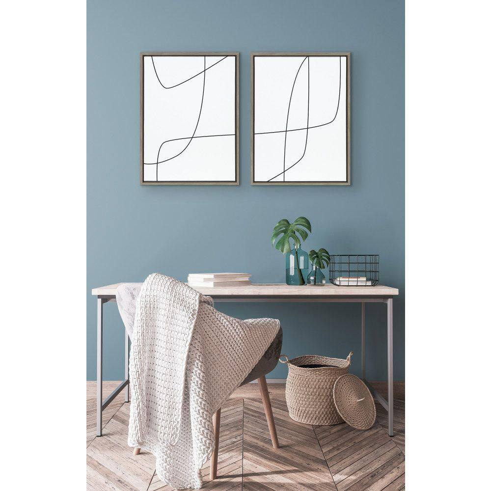 Modern Black and White Abstract Line Art on Canvas with Gray Frames, Set of 2