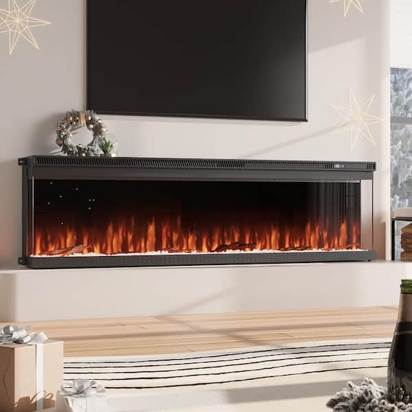 60 in. Wall-Mount 3-Sided Electric Fireplace in Black with Adjustable Flame Colors, Touch Screen Remote Control, Vented