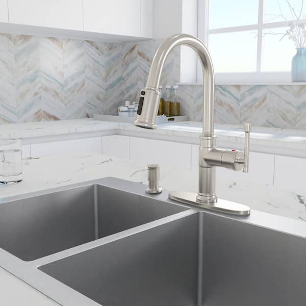 1.8 GPM Single Handle Pull Down Sprayer Kitchen Faucet with Soap Dispenser and Ceramic Cartridge in Brushed Nickel