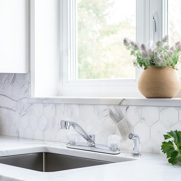 Dual Acrylic Handle Traditional Spout Kitchen Faucet with Optional Side Sprayer in Chrome