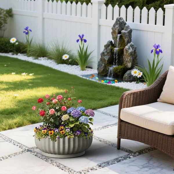 20.5in. Dia Round Fulted Bowl Planter Large Stone Gray Concrete Flower Plant Pots with Drainage Hole