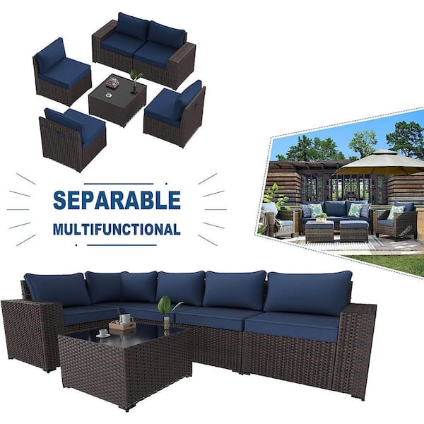 6-Piece Wicker Outdoor Sectional Set with Navy Cushion