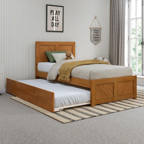 Canyon Light Toffee Natural Bronze Solid Wood Frame Twin Platform Bed with Matching Footboard and Twin Trundle
