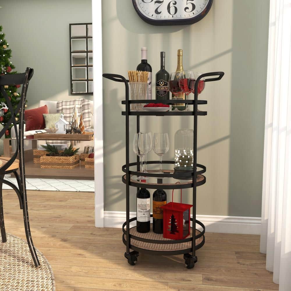 21'' Brown Metal and Rattan Round Bar Cart with Glass Shelves