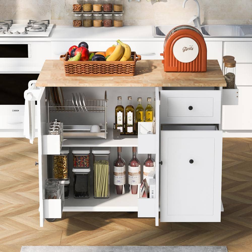 White Wood 53.9 in. Kitchen Island on Wheels with Drop Leaf and 3-Tier Pull