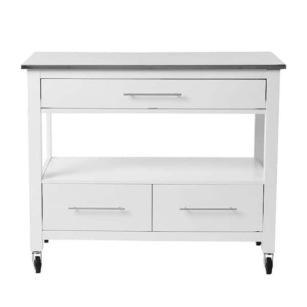 FUNKOL White Solid Wood Kitchen Cart Stainless Steel Worktop with Storage Shelf and 3-Drawers