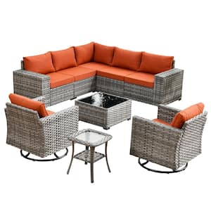 Beatrice 9-Piece Wicker Patio Conversation Seating Sofa Set with Orange Red Cushions and Swivel Rocking Chairs