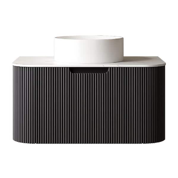 30 in. Single Sink Wall-Mounted Black Bath Vanity with White Engineered Marble Top Assembled