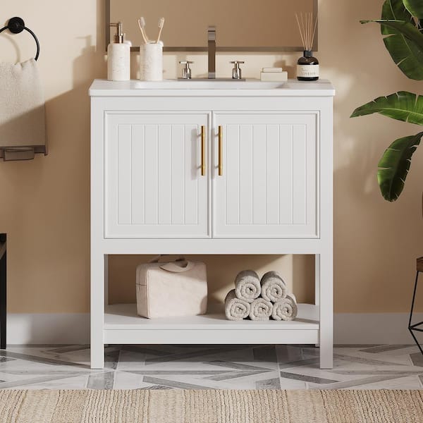 30 in. W Single Sink Freestanding Bath Vanity in White with White Ceramic Top