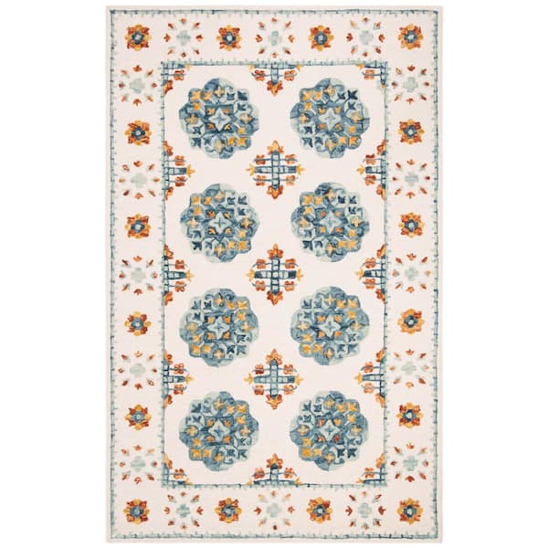 Blossom 5 ft. x 8 ft. Blue/Ivory Geometric Floral Border Area Rug