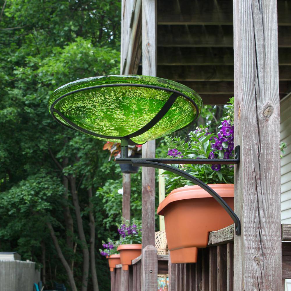Fern Green Crackle Glass Birdbath with Black Wrought Iron Wall Bracket