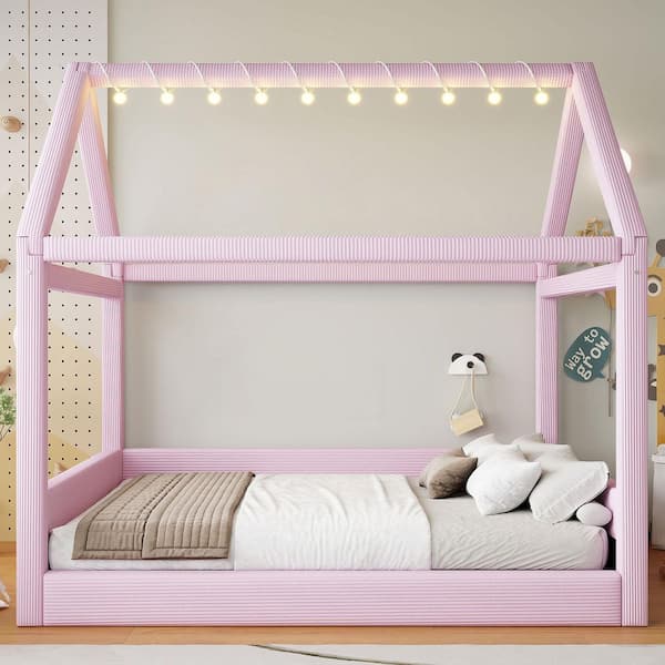 Pink Wood Frame Full Upholstered Platform Bed with LED Light Strips