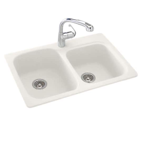 Swan Drop-In/Undermount Solid Surface 33 in. 1-Hole 55/45 Double Bowl Kitchen Sink in Bisque