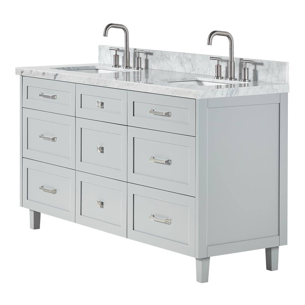 Monroe 67" Light Gray Wood Double Sink Vanity with Carrara Marble Top