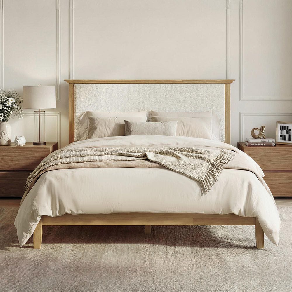 Daphne White Solid Rubber Wood Frame Queen Platform Bed with Boucle Upholstered Headboard and Underbed Storage price history on PriceWatchPro