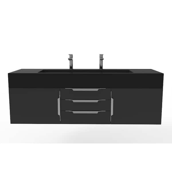 castellousa Nile 60 in. W x 19 in. D x 20 in. H Bath Vanity in Matte Black with Chrome Trim and Black Solid Surface Top