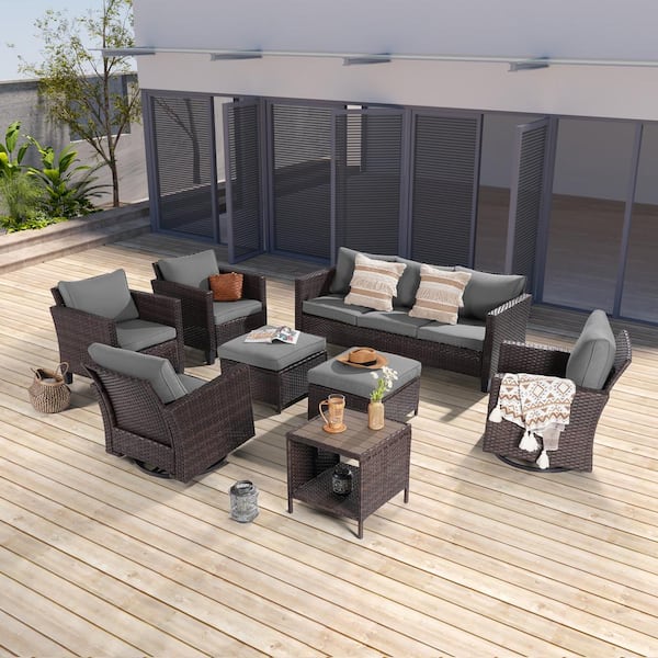 8-Piece Patio Outdoor Brown Wicker Conversation Seating Set Thickening Gray Cushions With Swiveling Rocker