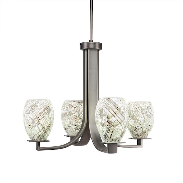 Unbranded Aspen 4-Light Graphite Chandelier, Square Chandelier with 5 in. Natural Fusion Glass Shades, No bulbs included