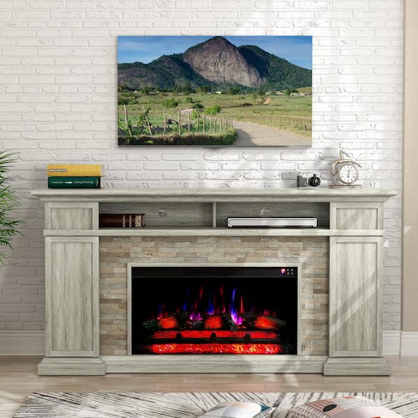 70 in. Freestanding Electric Fireplace in Light Gray