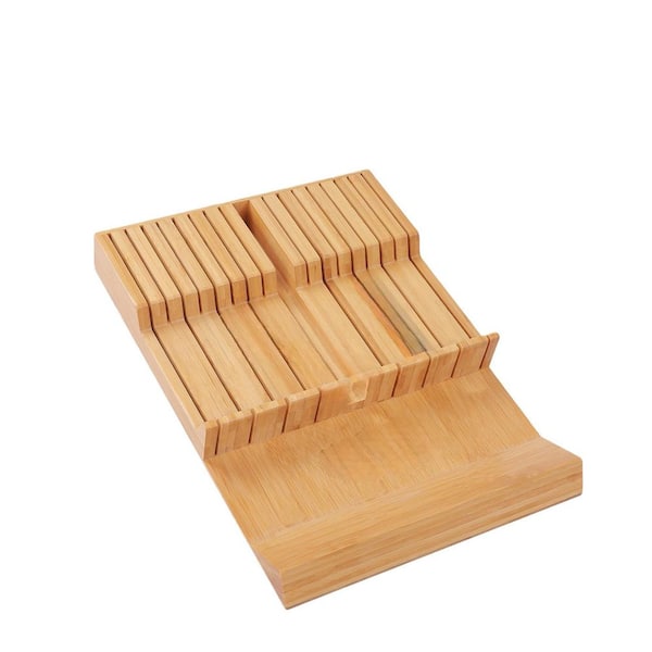 16-Knife In-Drawer Wood Knife Block, Fit for 16 Knives and 1 Sharpening Steel, Large Kitchen Knife Drawer Organizer