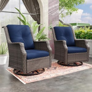 Wicker Patio Outdoor Lounge Chair Swivel Rocking Chair with Blue Cushions (2-Pack)