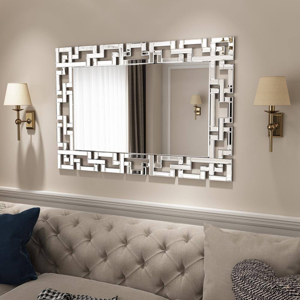 Venetian Silver Rectangular Beveled Wall Mirror with Carved Frame