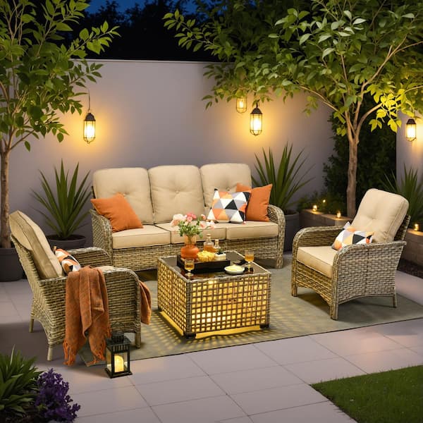 OVIOS Vinceny Gray 4-Piece Wicker Patio Conversation Set with Beige Cushions and Coffee Table