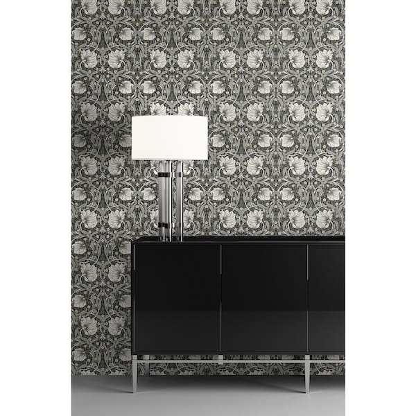 40.5 sq. ft. Charcoal & Pearl Grey Pimpernel Floral Vinyl Peel and Stick Wallpaper Roll