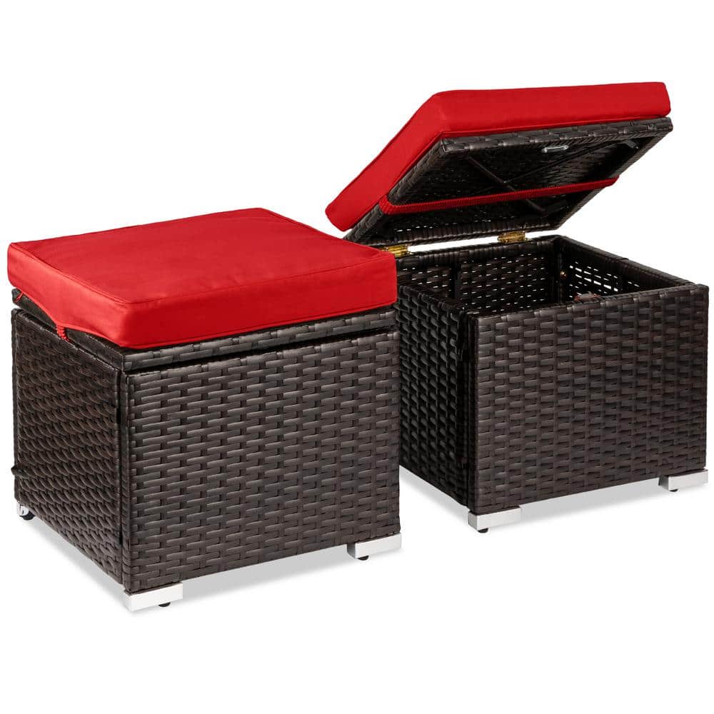 Best Choice Products Brown Wicker Outdoor Ottomans Storage Box Footstool with Removable Red
