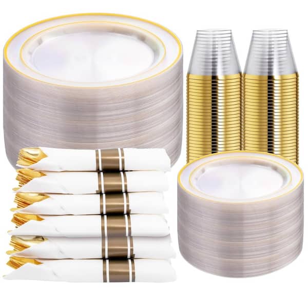 350 Piece Clear Gold Plastic Dinnerware Set with Plates, Cups, Napkins, and Gold Silverware for 50 Guests