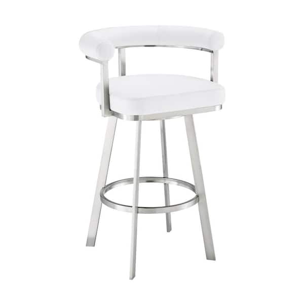 Benjara 30 in. White and Silver Low Back Metal Frame Barstool with Faux Leather Seat