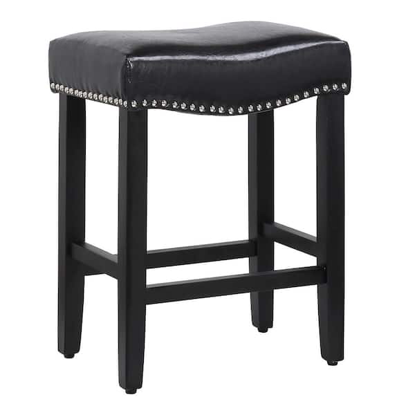 WESTINFURNITURE Jameson 24 in Counter Height Black Wood Backless Nailhead Trim Barstool, Upholstered Black Faux Leather Saddle Seat
