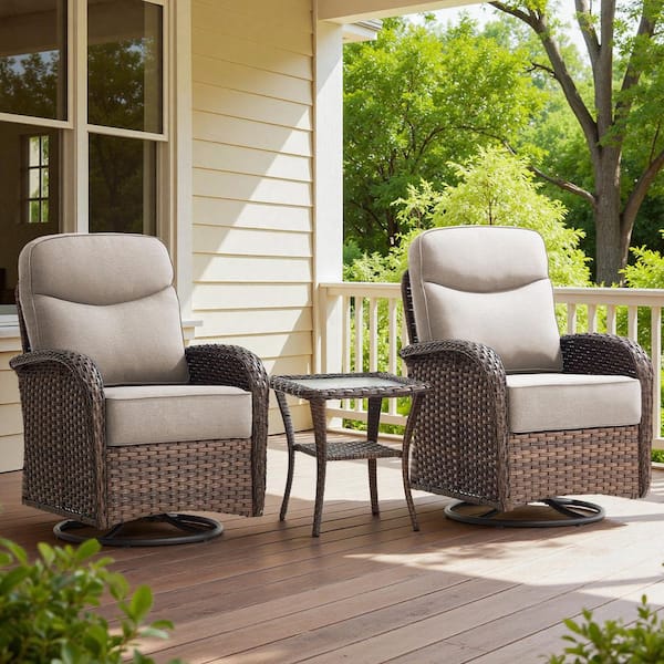 Luna Brown 3-Piece Wicker Swivel Glider Patio Conversation Set with 6 in. Thick Beige Cushions and Side Table