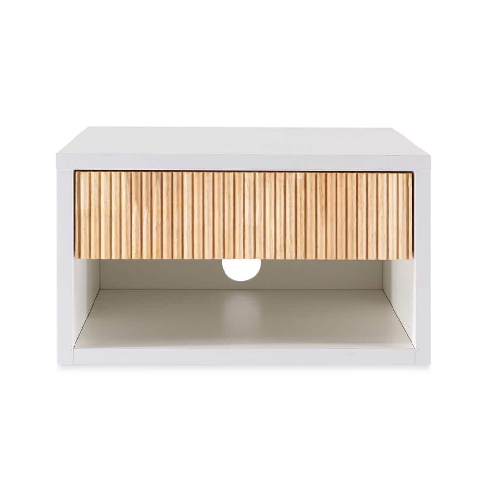 White MDF Floating Nightstand with Rattan Drawer