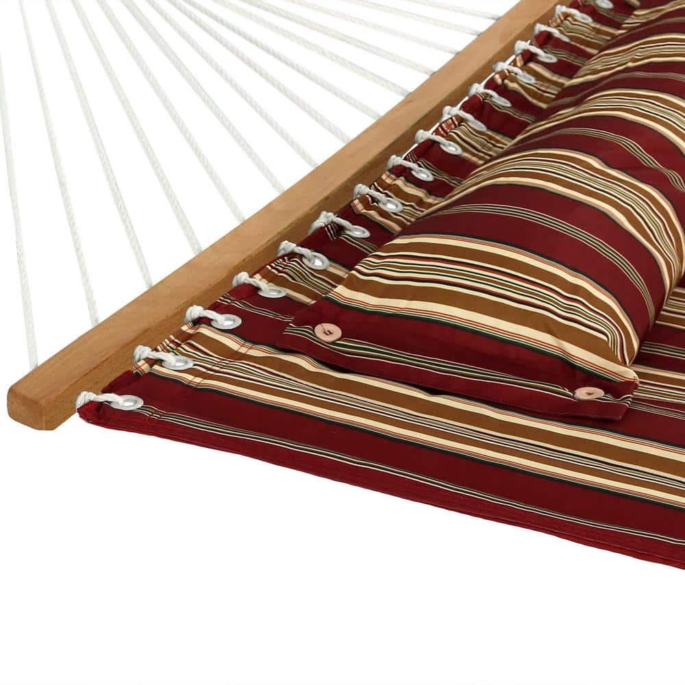 Red and Brown Quilted Fabric 2-Person Hammock with Steel Stand