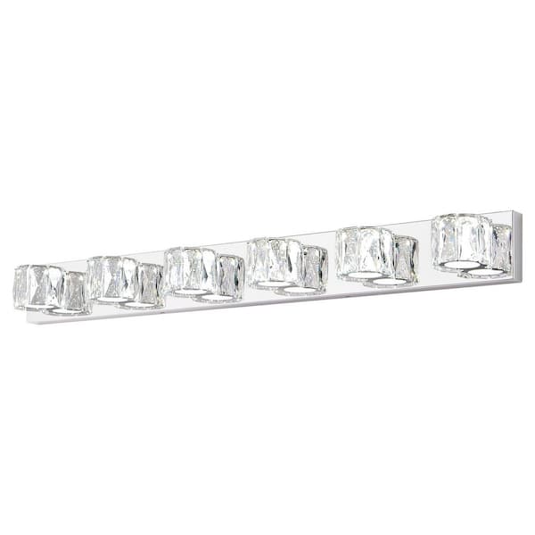41 in. Crystal 6-Light Chrome LED Vanity Light - Sparkling Crystal Shades w/Polished Chrome Finish for Bathroom & Mirror