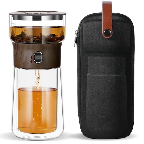 1-Cup Walnut Glass Infuser Teapot, 2-in-1 One Touch Tea Maker for Loose Leaf Tea with Insulated Mug and Portable Case
