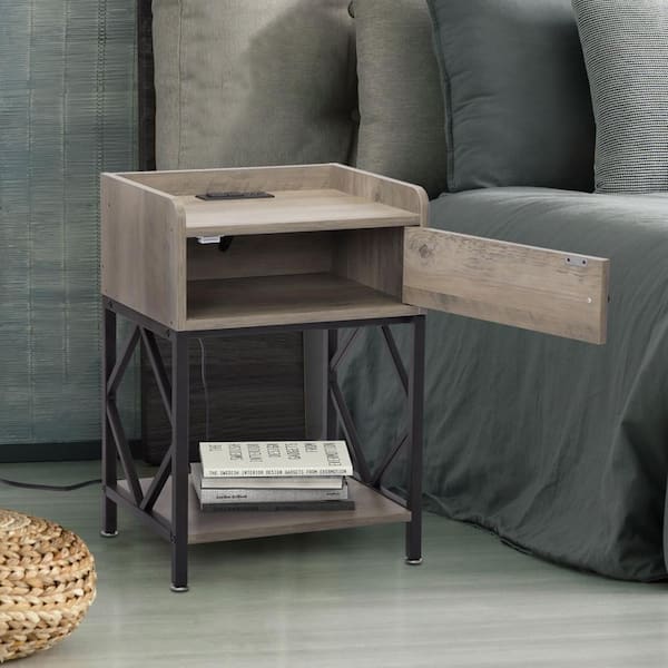 Oumilen 23.62 in. Gray Nightstand Narrow End Side Table with Storage Farmhouse Wood End Table with USB Ports and Power Outlets