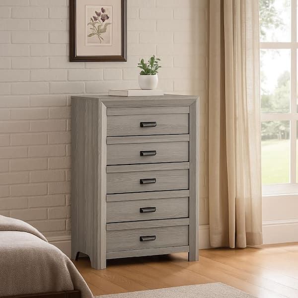 Laide Tall Dresser Chest with 5 Drawers | Cup Handles | Gray Driftwood Veneer