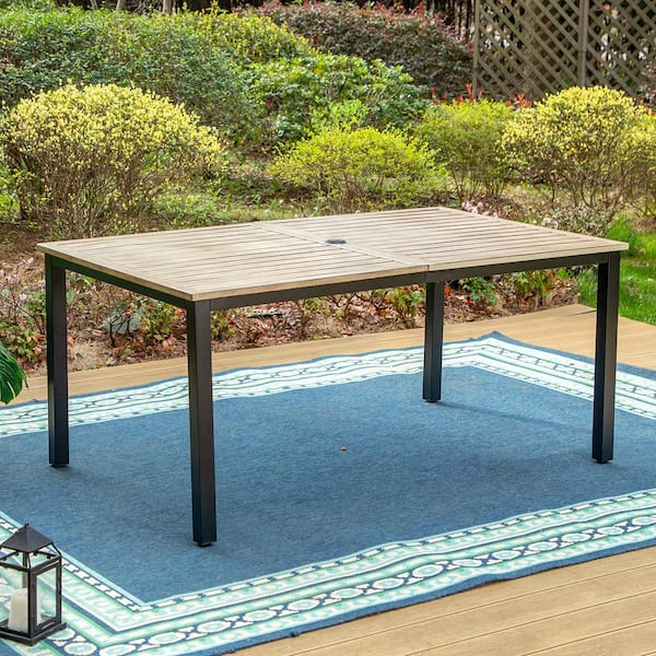 PHI VILLA Black Rectangle Wood Finish Metal Patio Outdoor Dining Table with 1.77 in. Umbrella Hole