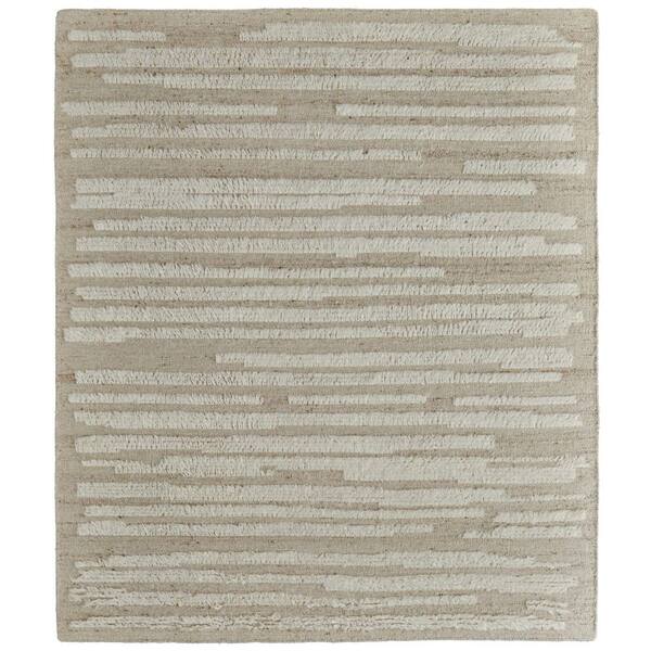 6' X 9' White and Tan Wool Striped Hand Woven Area Rug