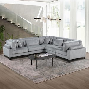 Laurelton 120 in. Pillow Top Arm 5-Piece Corduroy Fabric Modular Sectional Sofa in Gray