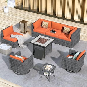 Messi Grey 8-Piece Wicker Outdoor Patio Fire Pit Conversation Sofa Set with Swivel Rocking Chairs & Orange Red Cushions