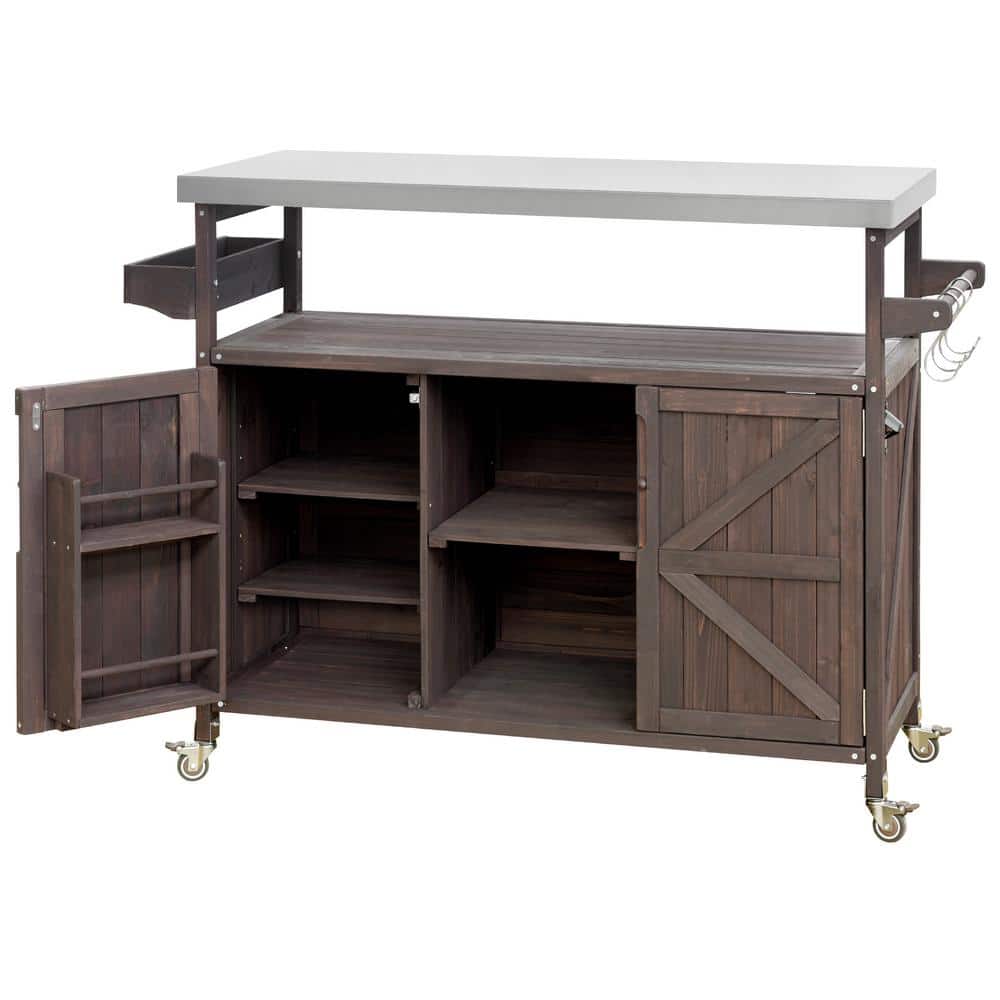 Dark Brown Wood Outdoor Kitchen Cart W/Stainless Steel Top/Spice Rack/Towel